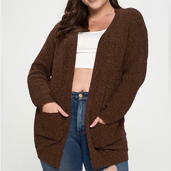 WOMENS PLUS SIZE CURVY BROWN KNIT CARDIGAN SWEATER - Picture 1 of 2